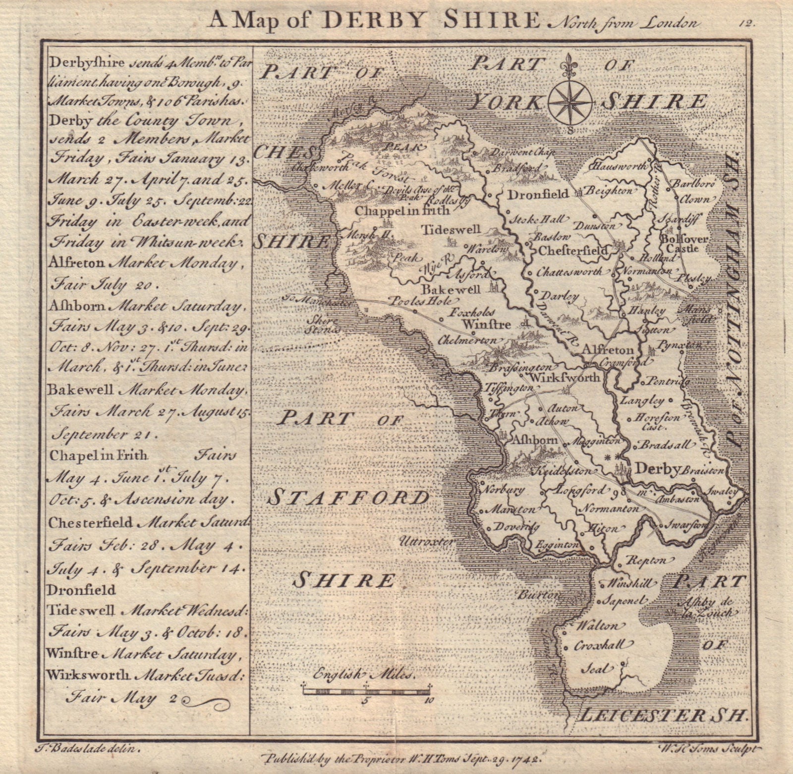 Antique county map of Derbyshire by Badeslade & Toms 1742 old